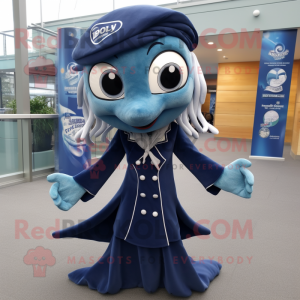 Navy Mermaid mascot costume character dressed with a Dress Pants and Scarf clips