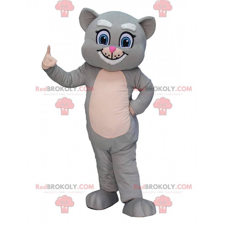 Mascotte de chat gris et blanc aux yeux bleus, costume de chat