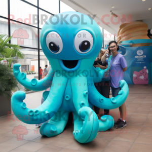 Cyan Octopus mascot costume character dressed with a Tank Top and Earrings