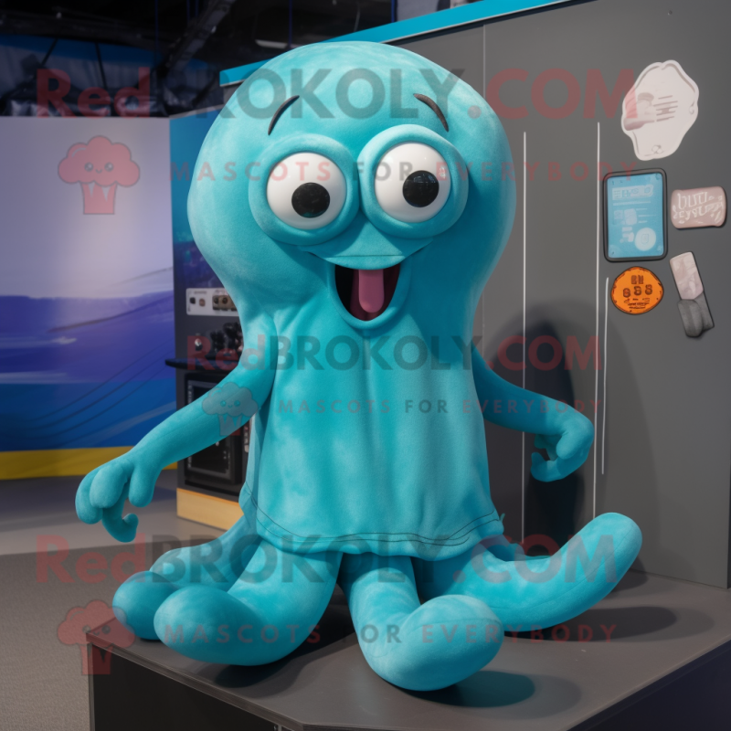 Cyan Octopus mascot costume character dressed with a Tank Top and Earrings