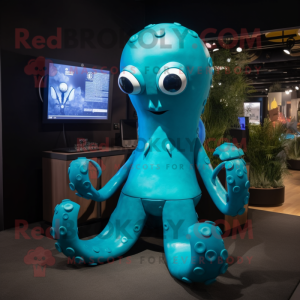 Cyan Octopus maskot kostume...