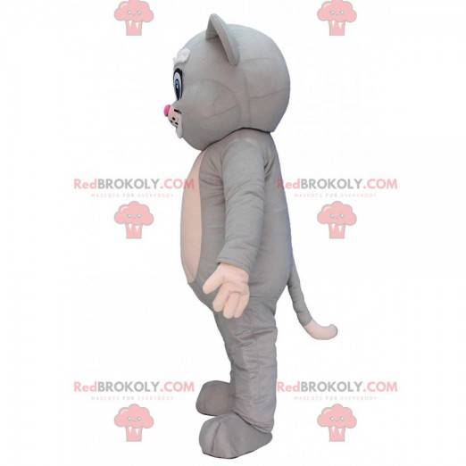 Mascotte de chat gris et blanc aux yeux bleus, costume de chat