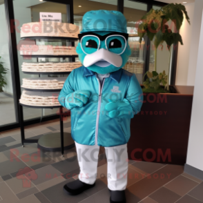 Teal Wedding Cake mascot costume character dressed with a Windbreaker and Reading glasses