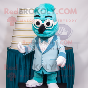 Teal Wedding Cake mascot costume character dressed with a Windbreaker and Reading glasses