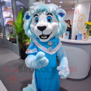 Sky Blue Tamer Lion mascot costume character dressed with a Blouse and Earrings