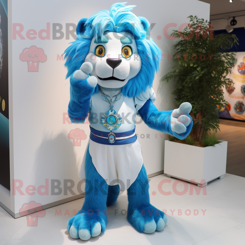 Sky Blue Tamer Lion mascot costume character dressed with a Blouse and Earrings