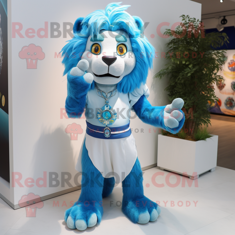 Sky Blue Tamer Lion mascot costume character dressed with a Blouse and Earrings Sky Blue Tamer Lion mascot costume character dressed with a Blouse and Earrings