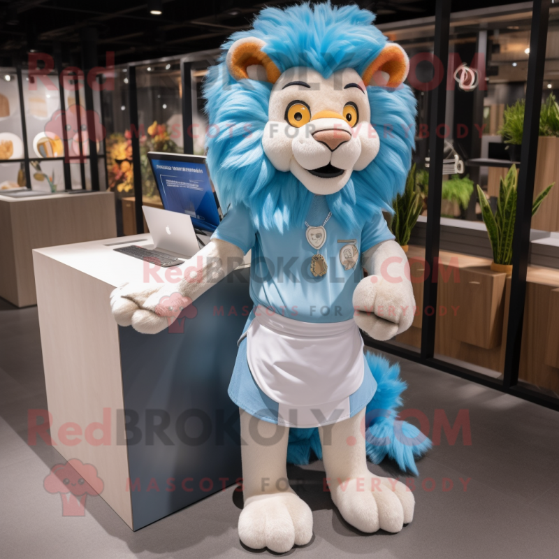 Sky Blue Tamer Lion mascot costume character dressed with a Blouse and Earrings