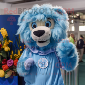 Sky Blue Tamer Lion mascot costume character dressed with a Blouse and Earrings