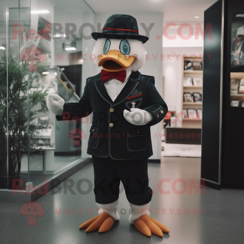 nan Muscovy Duck mascot costume character dressed with a Suit Pants and Berets nan Muscovy Duck mascot costume character dressed with a Suit Pants and Berets