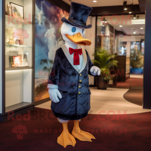nan Muscovy Duck mascot costume character dressed with a Suit Pants and Berets