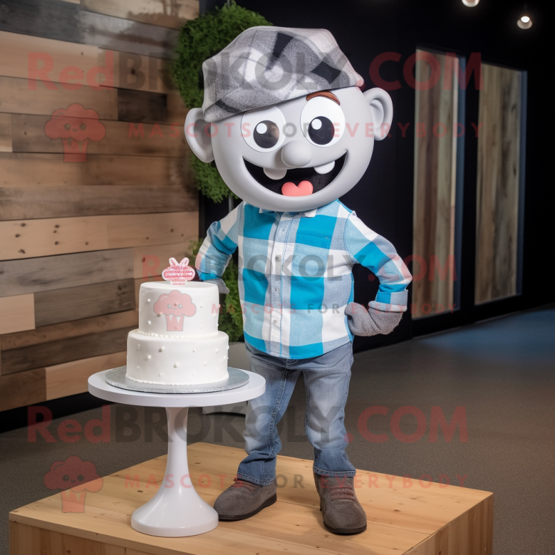 Gray Wedding Cake mascot costume character dressed with a Flannel Shirt and Headbands