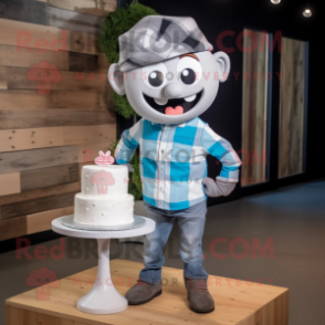 Gray Wedding Cake mascot costume character dressed with a Flannel Shirt and Headbands