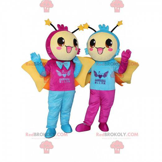 2 mascottes de papillons souriants, costumes chaleureux -