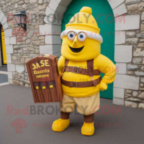 Yellow Irish Castle mascot costume character dressed with a Cargo Shorts and Caps