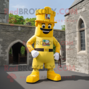 Yellow Irish Castle mascot costume character dressed with a Cargo Shorts and Caps