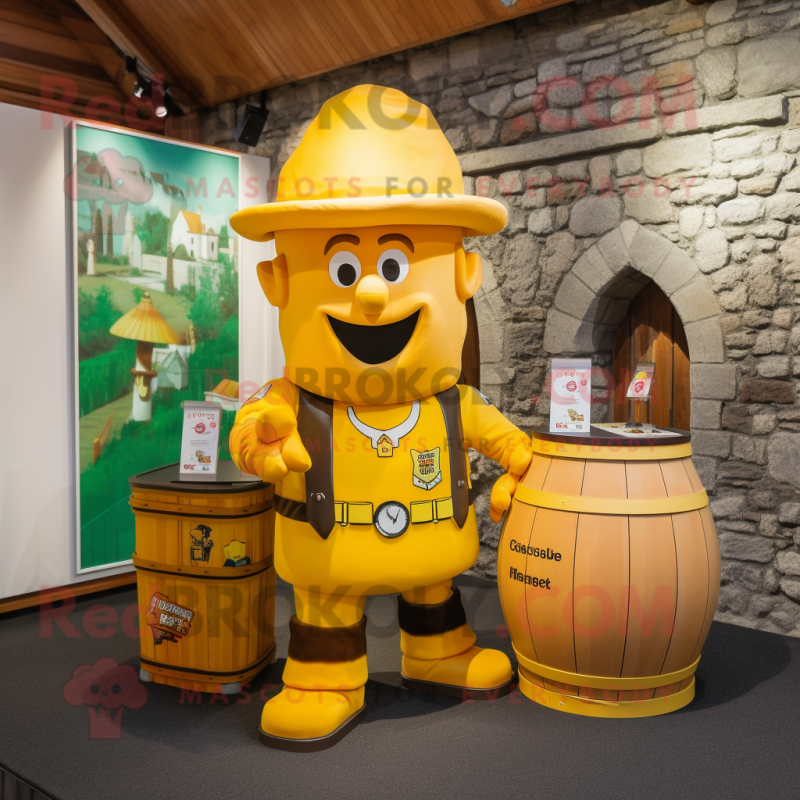 Yellow Irish Castle mascot costume character dressed with a Cargo Shorts and Caps Yellow Irish Castle mascot costume character dressed with a Cargo Shorts and Caps