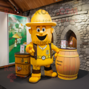 Yellow Irish Castle mascot costume character dressed with a Cargo Shorts and Caps