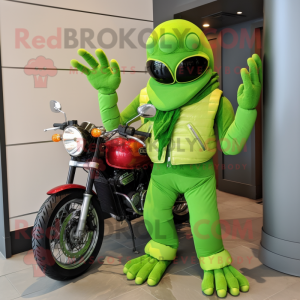 Lime Green Lobster Bisque mascot costume character dressed with a Moto Jacket and Scarves