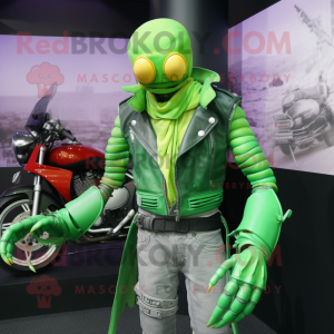 Lime Green Lobster Bisque mascot costume character dressed with a Moto Jacket and Scarves