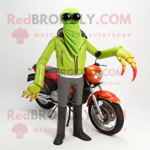 Lime Green Lobster Bisque mascot costume character dressed with a Moto Jacket and Scarves