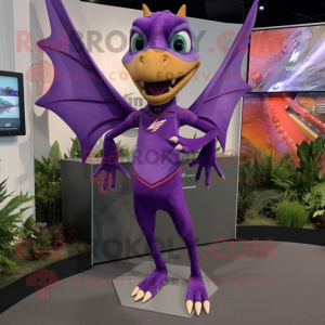 Purple Pterodactyl mascot costume character dressed with a Running Shorts and Suspenders