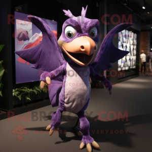 Purple Pterodactyl mascot costume character dressed with a Running Shorts and Suspenders