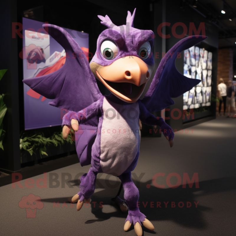 Purple Pterodactyl mascot costume character dressed with a Running Shorts and Suspenders Purple Pterodactyl mascot costume character dressed with a Running Shorts and Suspenders