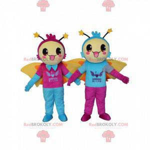 2 mascotes de borboletas sorridentes, fantasias quentes -