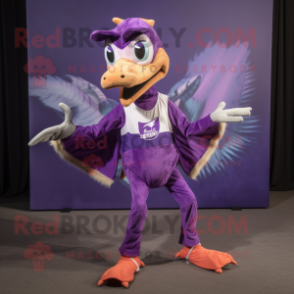 Purple Pterodactyl mascot costume character dressed with a Running Shorts and Suspenders