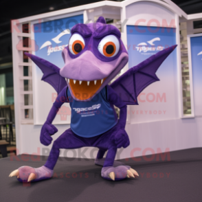 Purple Pterodactyl mascot costume character dressed with a Running Shorts and Suspenders