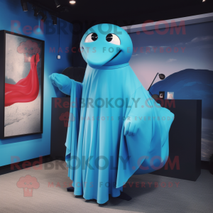 Sky Blue Blue Whale mascot costume character dressed with a Wrap Dress and Cufflinks