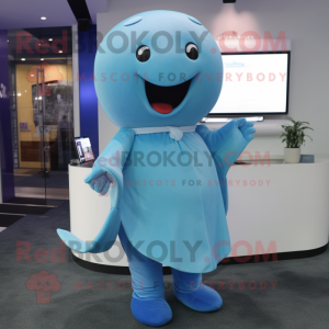 Sky Blue Blue Whale mascot costume character dressed with a Wrap Dress and Cufflinks