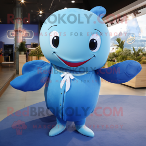 Sky Blue Blue Whale mascot costume character dressed with a Wrap Dress and Cufflinks