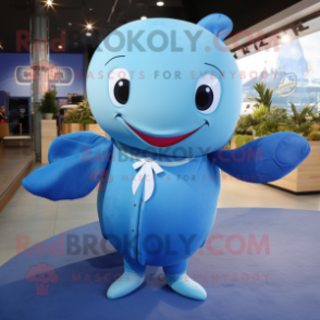 Sky Blue Blue Whale mascot costume character dressed with a Wrap Dress and Cufflinks