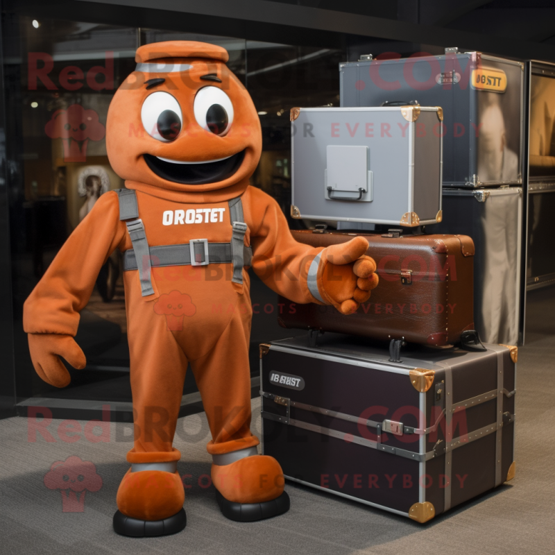 Rust Computer mascot costume character dressed with a Jumpsuit and Briefcases