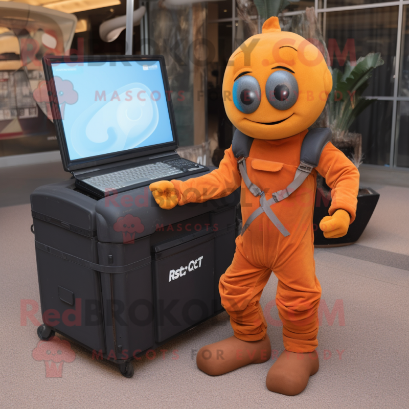 Rust Computer mascot costume character dressed with a Jumpsuit and Briefcases Rust Computer mascot costume character dressed with a Jumpsuit and Briefcases