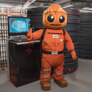 Rust Computer mascot costume character dressed with a Jumpsuit and Briefcases