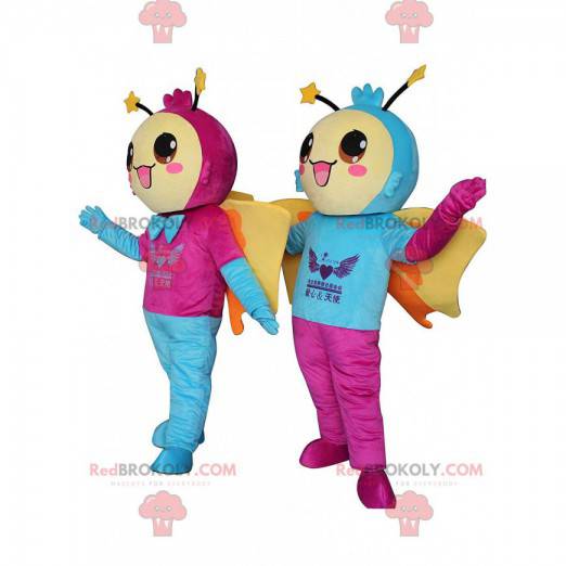 2 mascottes de papillons souriants, costumes chaleureux -