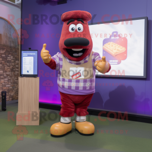 Purple Hot Dog mascot costume character dressed with a Flannel Shirt and Smartwatches