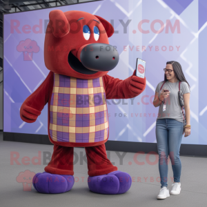 Purple Hot Dog mascot costume character dressed with a Flannel Shirt and Smartwatches