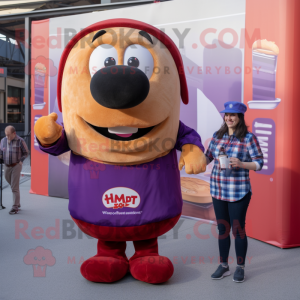 Purple Hot Dog mascot costume character dressed with a Flannel Shirt and Smartwatches