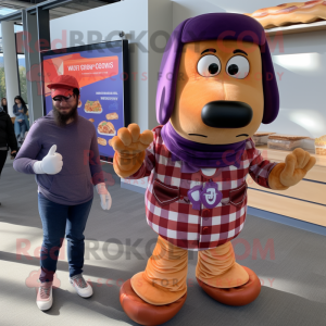 Purple Hot Dog mascot costume character dressed with a Flannel Shirt and Smartwatches