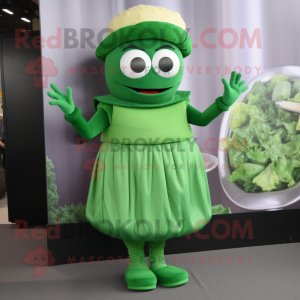 Green Burgers mascot costume character dressed with a Empire Waist Dress and Gloves