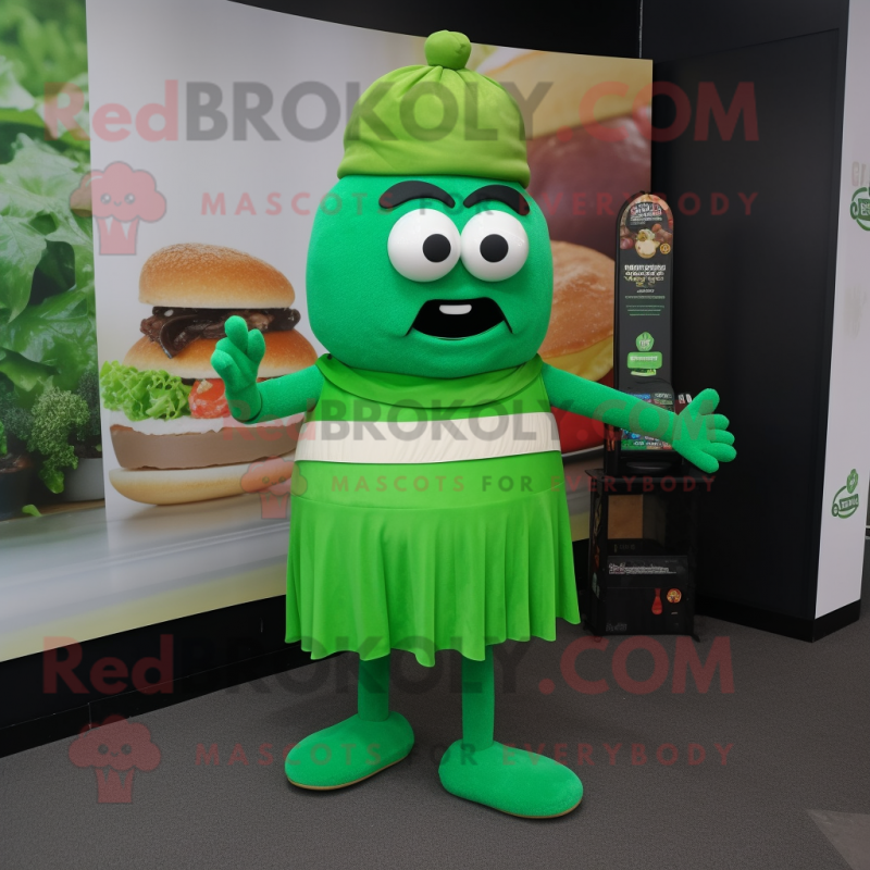 Green Burgers mascot costume character dressed with a Empire Waist Dress and Gloves