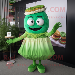 Green Burgers mascot costume character dressed with a Empire Waist Dress and Gloves