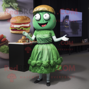 Green Burgers mascot costume character dressed with a Empire Waist Dress and Gloves