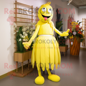 Lemon Yellow Stilt Walker mascot costume character dressed with a A-Line Skirt and Bracelets