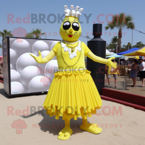 Lemon Yellow Stilt Walker mascot costume character dressed with a A-Line Skirt and Bracelets