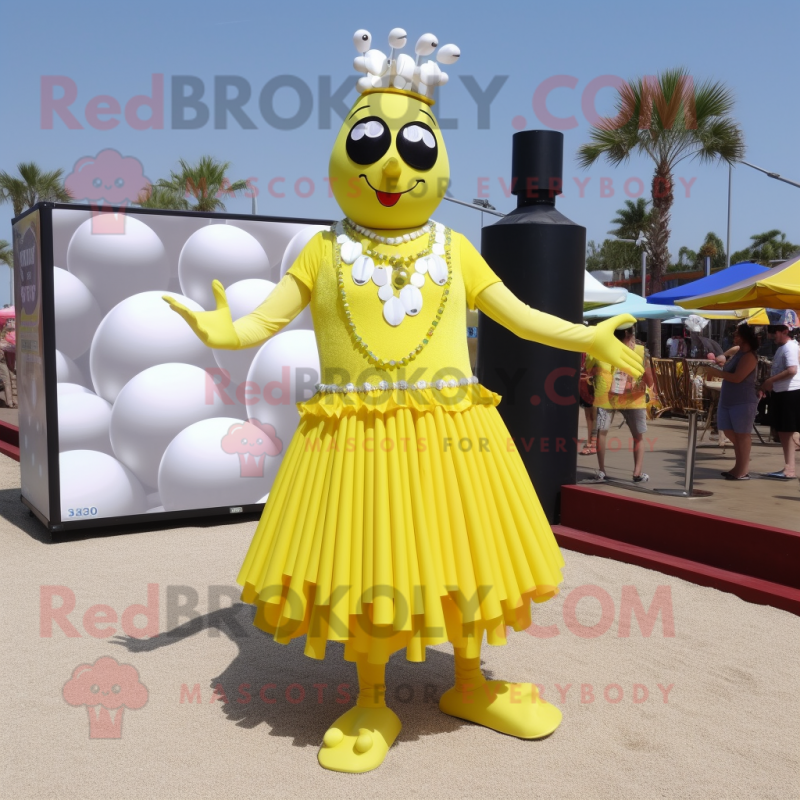 Lemon Yellow Stilt Walker mascot costume character dressed with a A-Line Skirt and Bracelets Lemon Yellow Stilt Walker mascot costume character dressed with a A-Line Skirt and Bracelets
